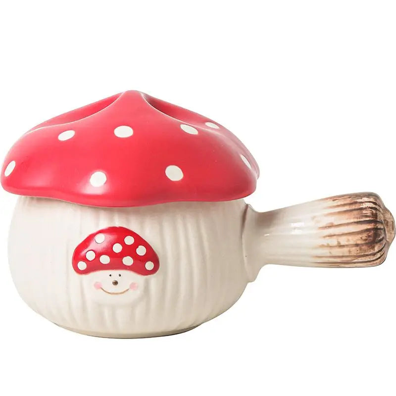 Red Mushroom Handle Bowl with Lid Creative Ceramic Breakfast Fruit Dessert Plate Creative Mushroom Salad Bowl Spoon Cutlery New Good Vibrations