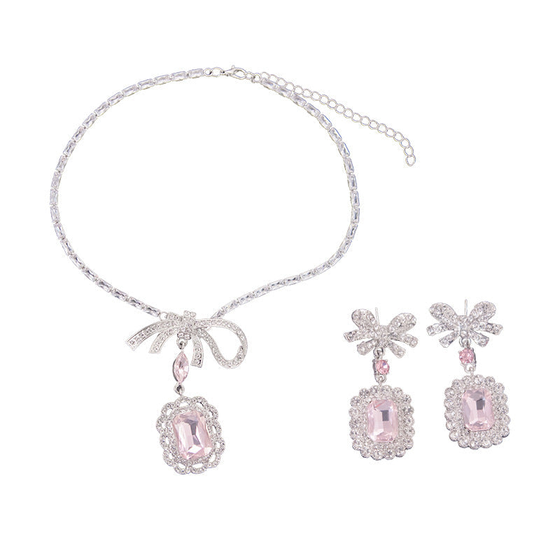 Inlaid Rhinestone Necklace Earrings Two Pcs Set Zircon Square Bow Jewelry Sets Light Luxury Fashion High Sense Accessories Gifts Good Vibrations Adult Super Store