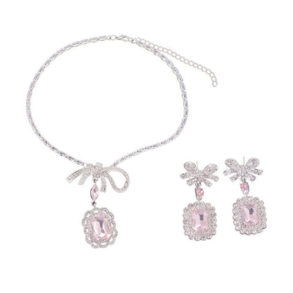 Inlaid Rhinestone Necklace Earrings Two Pcs Set Zircon Square Bow Jewelry Sets Light Luxury Fashion High Sense Accessories Gifts Good Vibrations Adult Super Store