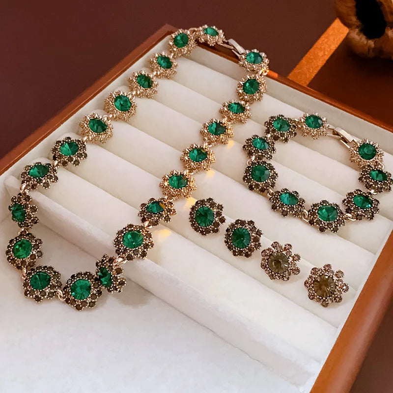 Rhinestone Green Circle Flower Necklace for Women Medieval Vintage Bracelet French Luxury Dainty Earrings Jewelry Sets Wholesale Good Vibrations Adult Super Store