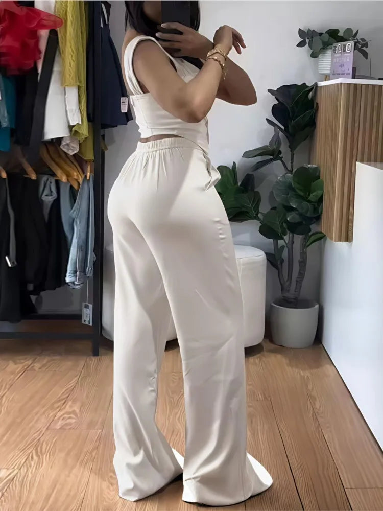 Chic Women Suit Y2k Sexy Two Piece Set Summer Sleeveless Slim Vest And Wide-leg Trouser Sets Elegant Solid Pants Women's Outfit Good Vibrations