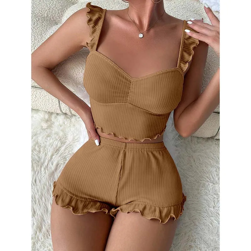 Women's Two-Piece Pajamas Set Summer Sexy Solid Ruffles Camisole And Shorts Pyjamas Set Sleepwear Good Vibrations
