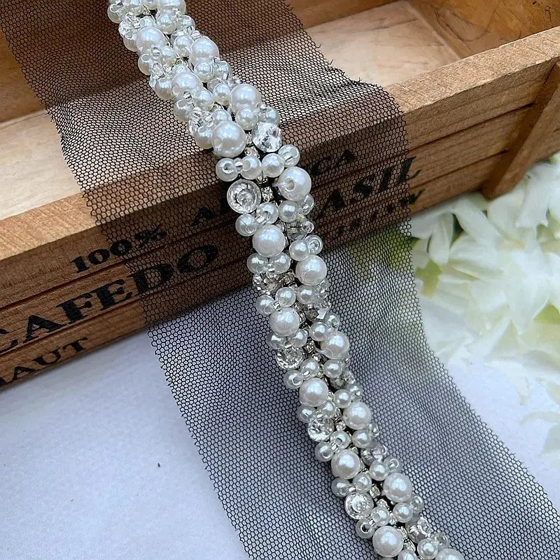 90cm Pearl Beaded Lace Trim Ribbon Garment Decoration Applique Trimming Rhinestone Tape DIY Sewing Fabric Material Accessories Good Vibrations