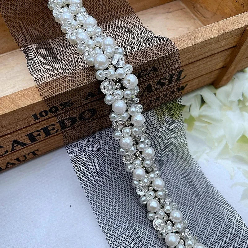 90cm Pearl Beaded Lace Trim Ribbon Garment Decoration Applique Trimming Rhinestone Tape DIY Sewing Fabric Material Accessories Good Vibrations