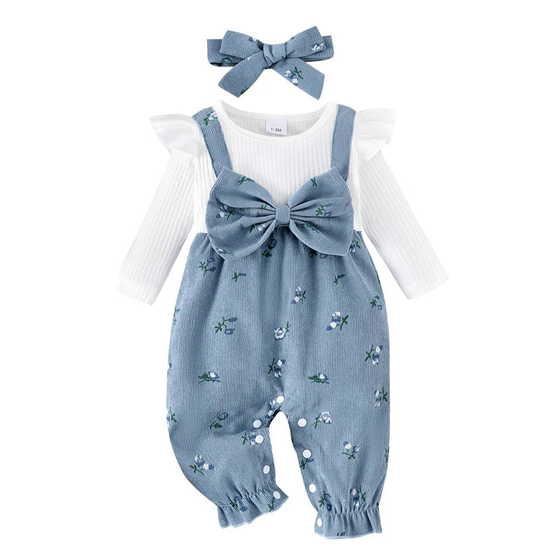 New Autumn Newborn Baby Girls Long Sleeve Romper Floral Print Fake Two Pieces Patchwork Bow Jumpsuits and Cute Headband Set Good Vibrations
