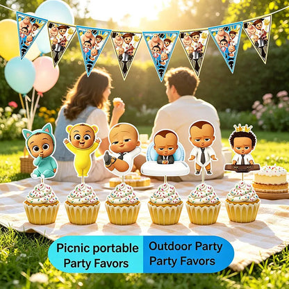 Holiday Gathering Decor Pack Boss Baby Character Print Cupcake Toppers Triangle Flag Banner Disposable Party Ornaments Good Vibrations