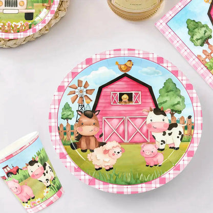 Pink Farm Party Birthday Decorations Disposable Tableware Paper Plates Cups Napkin Baby Shower Kids Girls Birthday Party Decor Good Vibrations