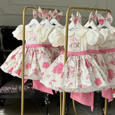 Baby Girl Summer Cartoon Carousel Embroidery Printed Turkish Vintage Princess  Dress for Birthday Party Eid Photography B87