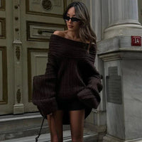 Trendix Long Sleeve Knit Sweater Women Autumn Winter Oversized Off Shoulder Pullover Street Fashion Vintage Loose Knitted Tops Good Vibrations