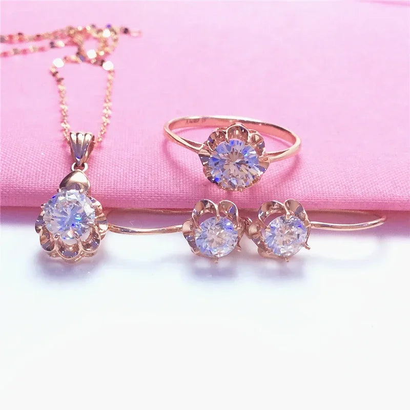 White Shiny Flower Jewelry Set Plated  Rose Gold Earrings for Women Charms Rings Necklace Elegant Light Luxury Necklaces Good Vibrations