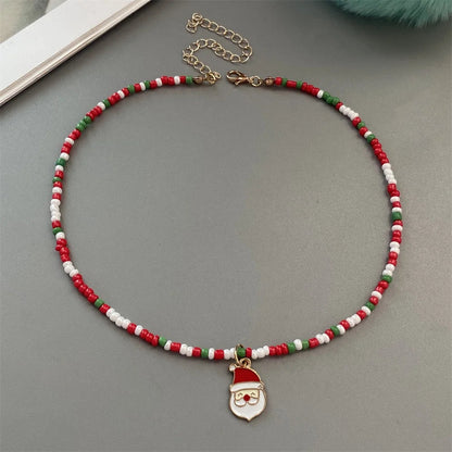 Christmas Necklaces for Women Girls Handmade Rice Beads X'mas Tree Santa Claus Snowman Gift Necklace Pendant New Year Jewelry Good Vibrations