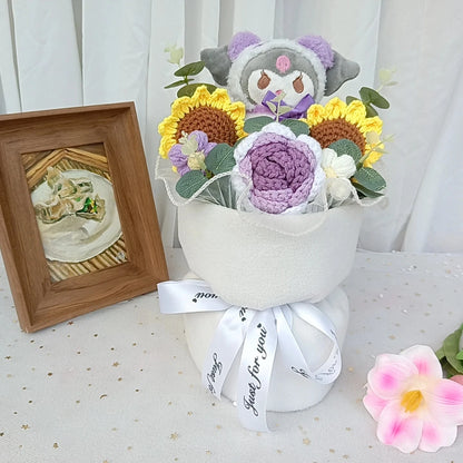 Hug bucket Hello Kitty Kuromi Cinnamoroll Plush bouquet  Handmade Knitting Sunflower Rose Flower Valentine's Day Birthday Gift Good Vibrations