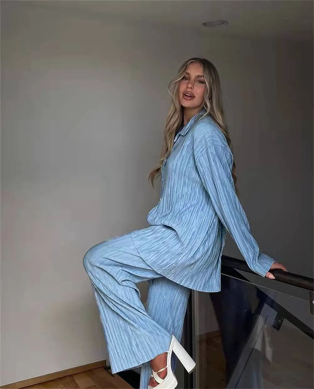 New Two Piece Set Women Outfits Pleated Women's Elegant  Drape Loose Sets Shirt High Waist Trousers Female Suit Fashion Casual Good Vibrations