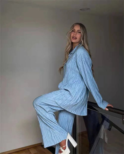 New Two Piece Set Women Outfits Pleated Women's Elegant  Drape Loose Sets Shirt High Waist Trousers Female Suit Fashion Casual Good Vibrations