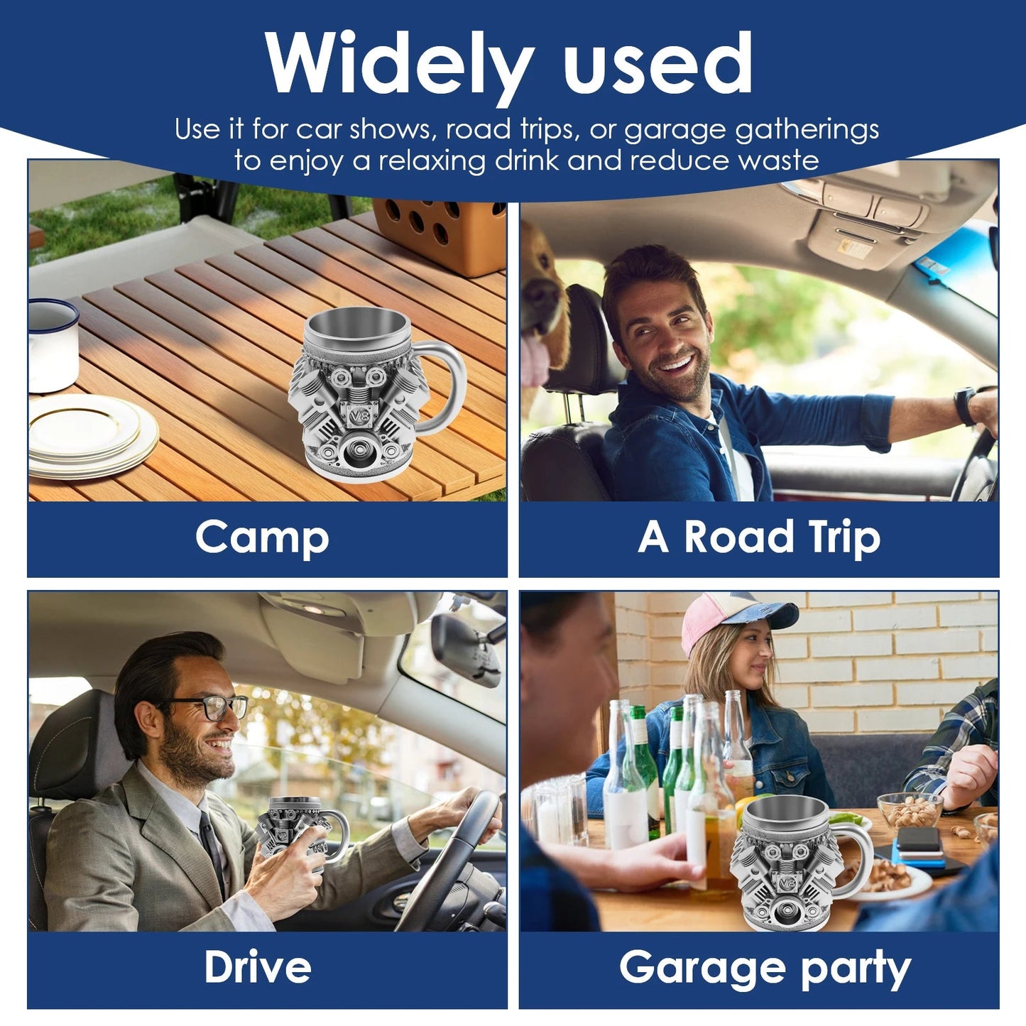 Engine Coffee Mug 350ml Creative Car V8 Engine Coffee Cup with Handle Novelty Stainless Steel Beverage Mugs for Car Lovers Gifts Good Vibrations