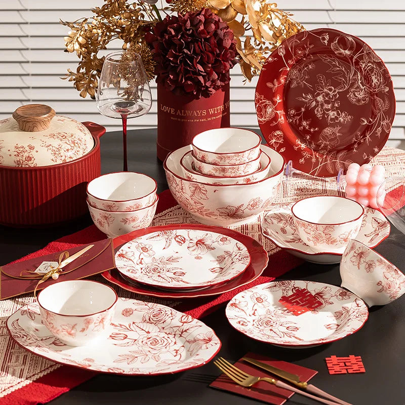 1Set New Luxury Red Rose Ceramic Tableware Household Bowl Spoon Plate Dinner Dinsh Kitchen Cutlery Home Decor Good Vibrations