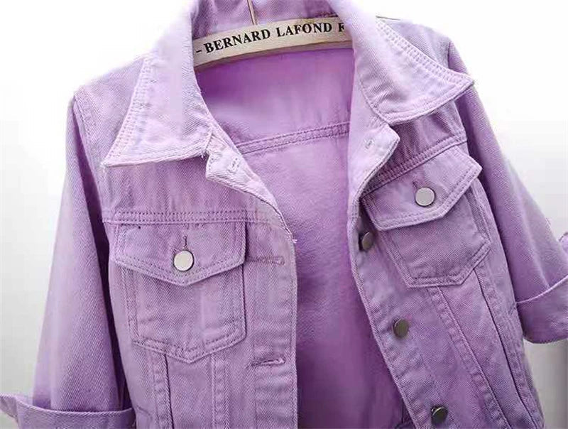 2024 New Women Spring Autumn Denim Jacket Tops Pink Color Solid Short Multicolor Feminino Three Quarter Sleeve Jean Jacket Good Vibrations