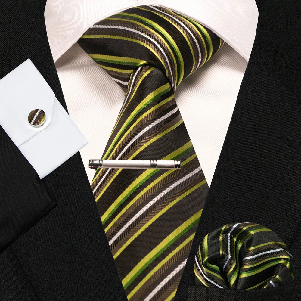 8cm Silk Mens Ties Green Black Ties plaid stripe NeckTie Pocket Square Cufflinks Tie clips Set Men's Wedding business Party Tie Good Vibrations