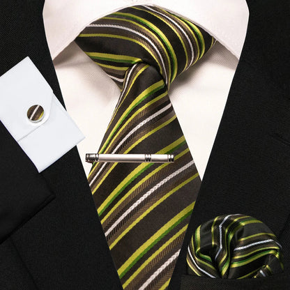 8cm Silk Mens Ties Green Black Ties plaid stripe NeckTie Pocket Square Cufflinks Tie clips Set Men's Wedding business Party Tie Good Vibrations
