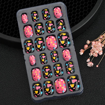 24 Pcs/box Children Cartoon Nail Tips Colorful Artificial Fake Nails for Cute Kids Girls Full Cover Short False Nail Art Kits* Good Vibrations
