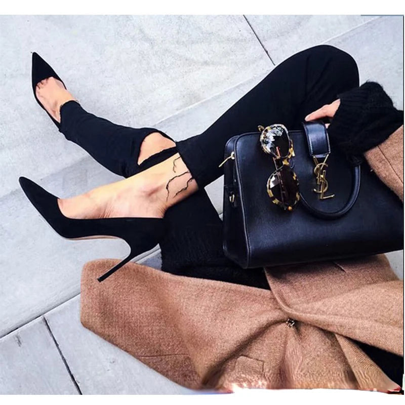 High Heels Women Suede Stiletto Pump Single Shoes Professional Ol Work Shoes Black Pointed Toe Sexy Party Black Wedding Shoe Good Vibrations