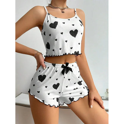 Women's Pajamas Set Sleepwear 2 PCS Short Tank Tops And Shorts S M L White Ventilate Soft Casual Love Printing Good Vibrations