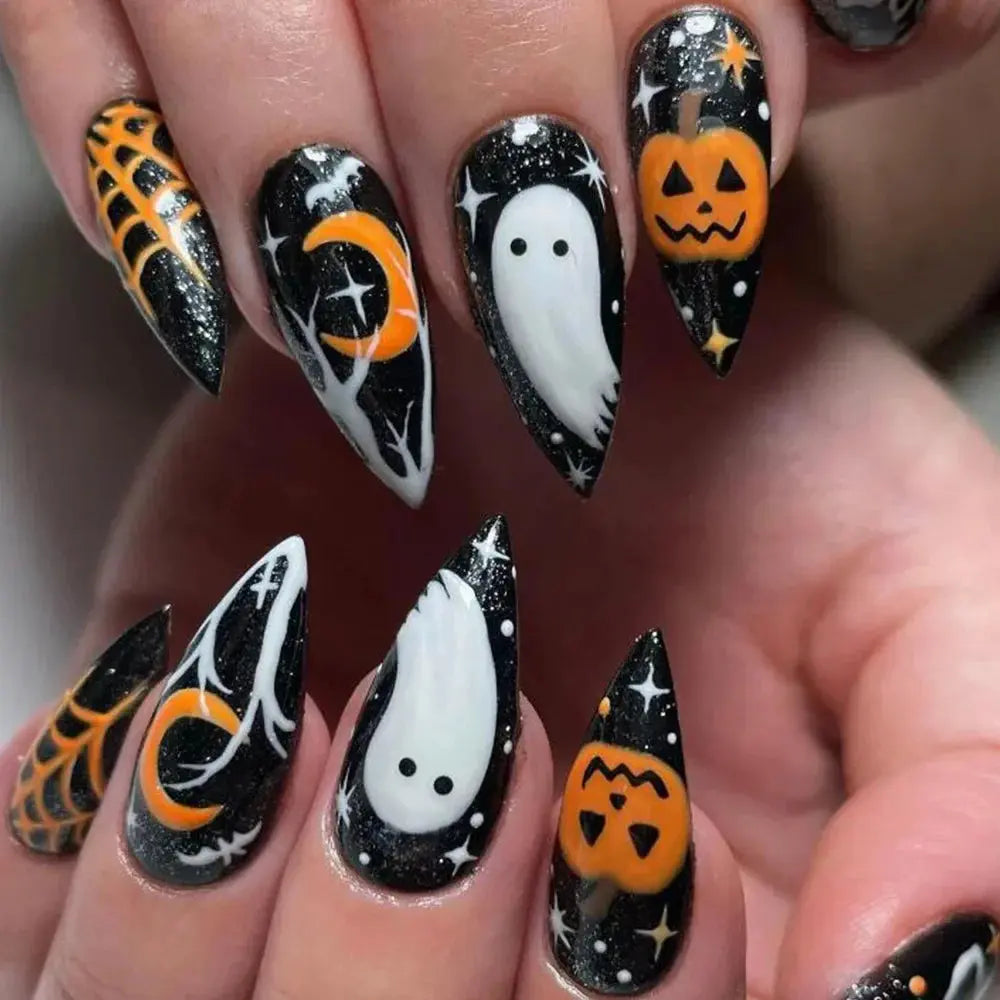 24Pc Halloween False Nails with Almond Head Designs Cute Clown Fake Nails French Full Cover Manicure Press on Nail Tips for Girl Good Vibrations