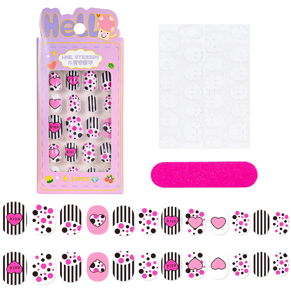 24Pcs/box Kids nails for Girl Cartoon Pattern False Nail Cute Child Fake Nails Tips Kawaii Acrylic Artificial Press on Nail+Tool Good Vibrations