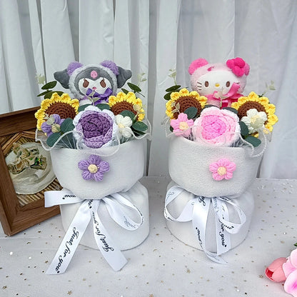 Hug bucket Hello Kitty Kuromi Cinnamoroll Plush bouquet  Handmade Knitting Sunflower Rose Flower Valentine's Day Birthday Gift Good Vibrations