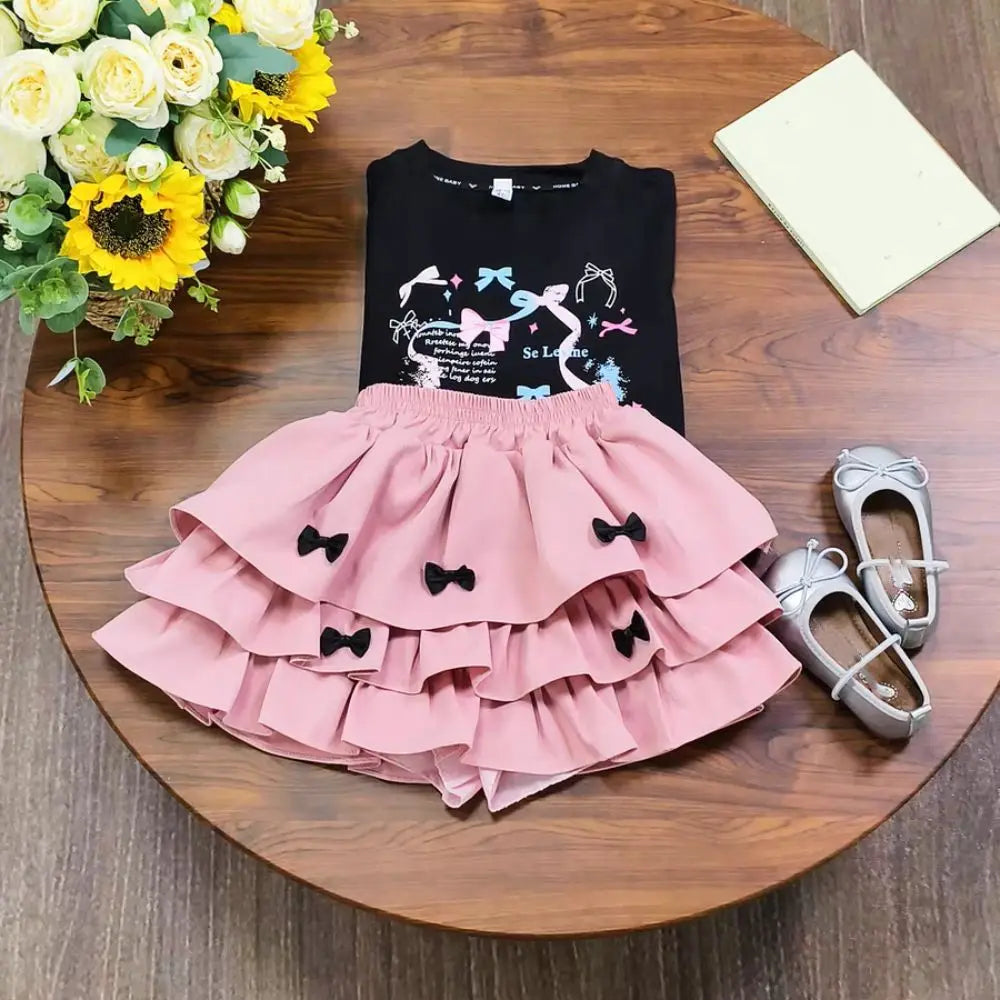 Outfits Y2K Bow Children Cake Skirt Set Pleated Teenagers T-shirt Skirt Suit Sweet Slim Fit Girls Clothes Set Summer Good Vibrations