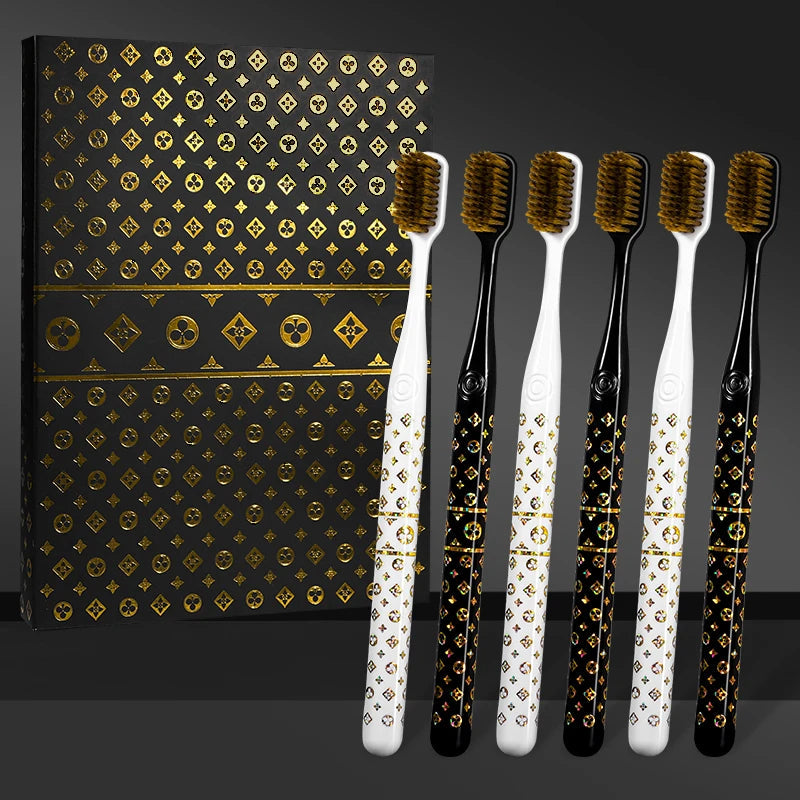 [6-Pcs Gift Boxes] New high-looking black gold printed small head household couple travel soft-bristle toothbrush Good Vibrations