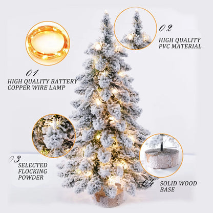 Christmas Tree Tabletop Figurine Snow Flocked Christmas Tree with LED Lights for Family Friend Neighbor Gift Good Vibrations