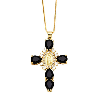 Retro European Style Zircon Cross Necklace Gilded Luxury Crystal Crucifix Necklace Religious Catholic Crucifix Pendant Chain Good Vibrations