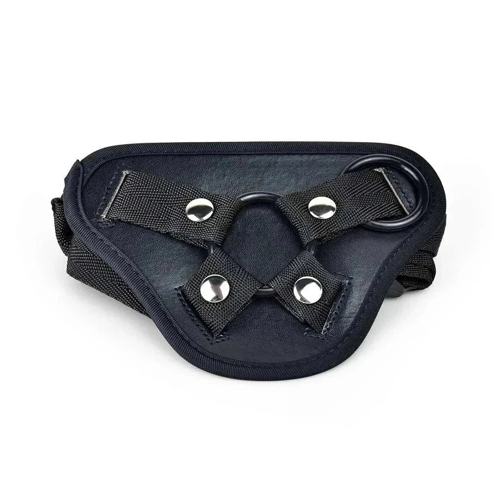 Adjustable black leather strap-on harness for couples, with metal rings for secure attachment.
