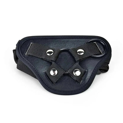Adjustable black leather strap-on harness for couples, with metal rings for secure attachment.