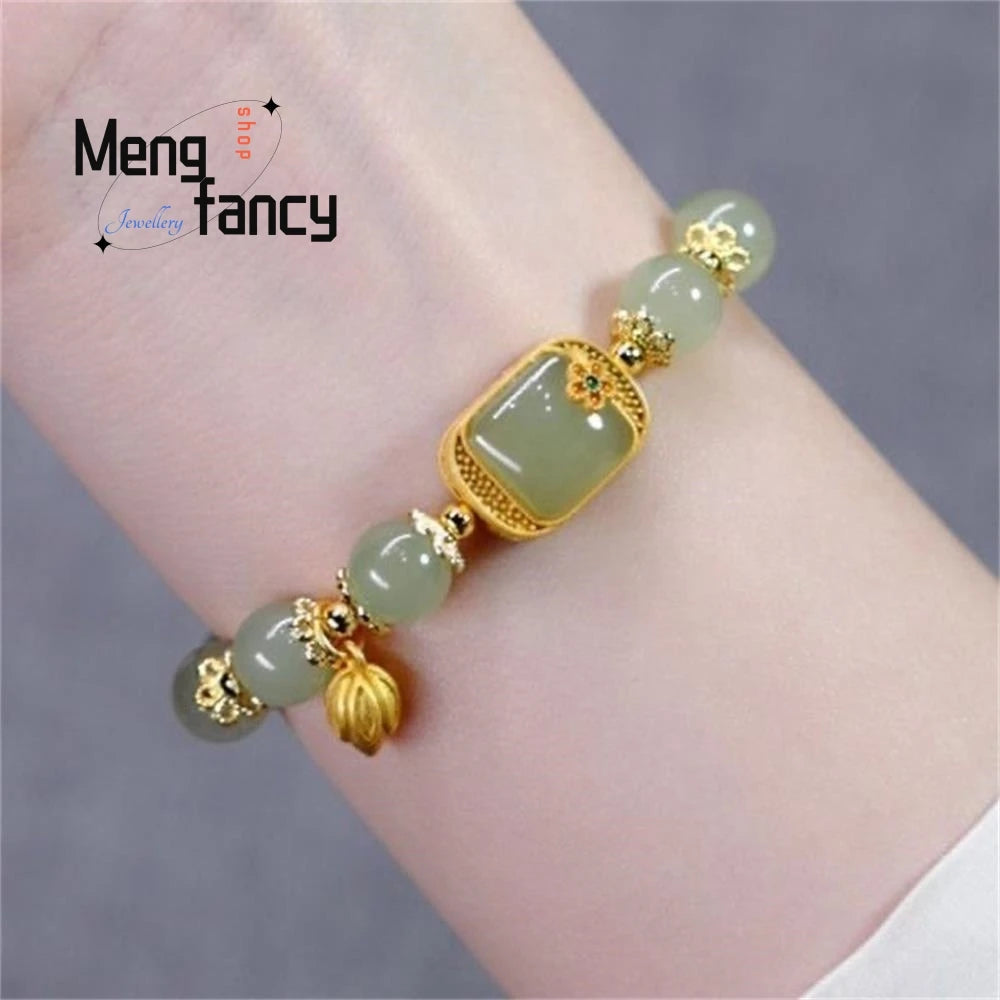 Natural Hetian Jade Bracelet Square Sugar Lotus Bracelet Exquisite Elegant Retro Chinese Style Sexy Young Girls Fashion Jewelry Good Vibrations