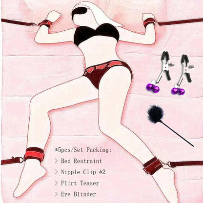 Sex bed restraint system with handcuffs and ankle cuffs for couples' BDSM play.