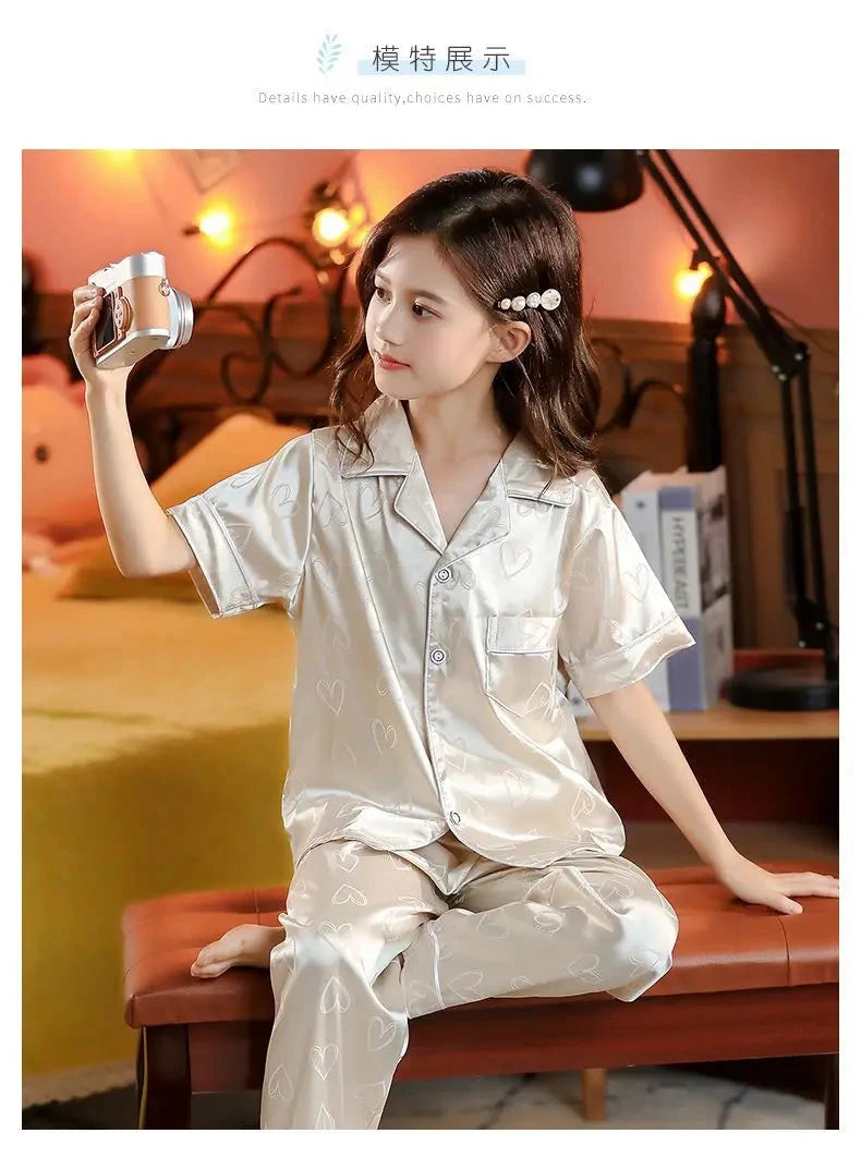 New Kids Spring Autumn Silk Satin Pajamas Set Girls Cartoon Button-Down Long Sleeve 2 Pieces Tops+Pants Sleepwear Pyjama Clothes Good Vibrations