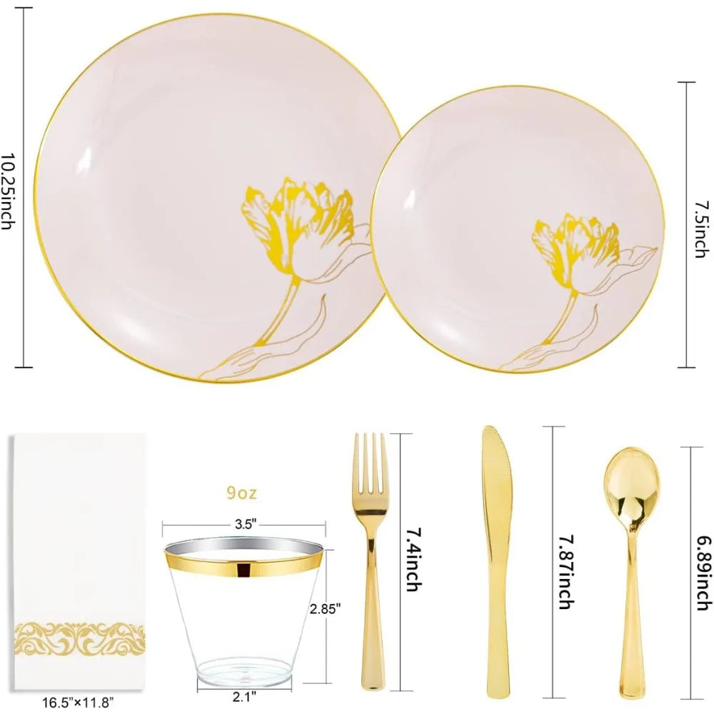 175PCS Pink Plastic Plates-Disposable Plates Include 50Plates, 25Forks, 25Knives, 25Spoons, 25Cups, 25Napkins Perfect Good Vibrations
