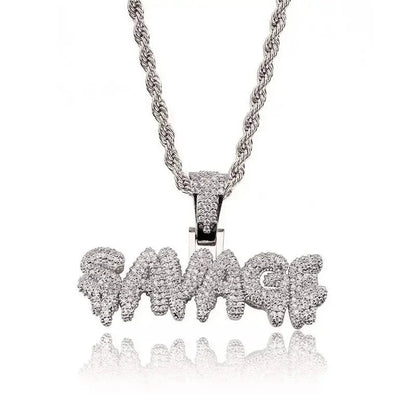 Hip Hop Ice Out Square Crystal S-A-V-A-G-E Letter Pendant Necklace for Men and Women Street One Last Party Trendy Jewelry Gift Good Vibrations