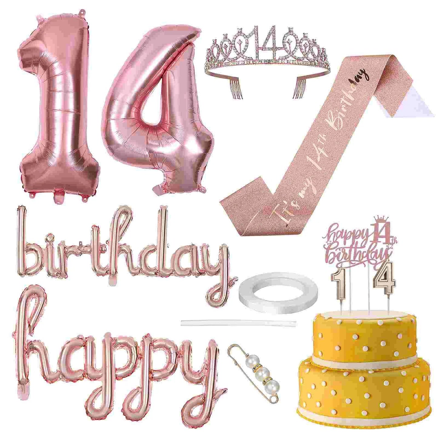 14 Year Old Girl Birthday Decorations Party Supplies Celebration Festive Holiday Nament Crown Sash Pearl Pin Balloon Garland Good Vibrations