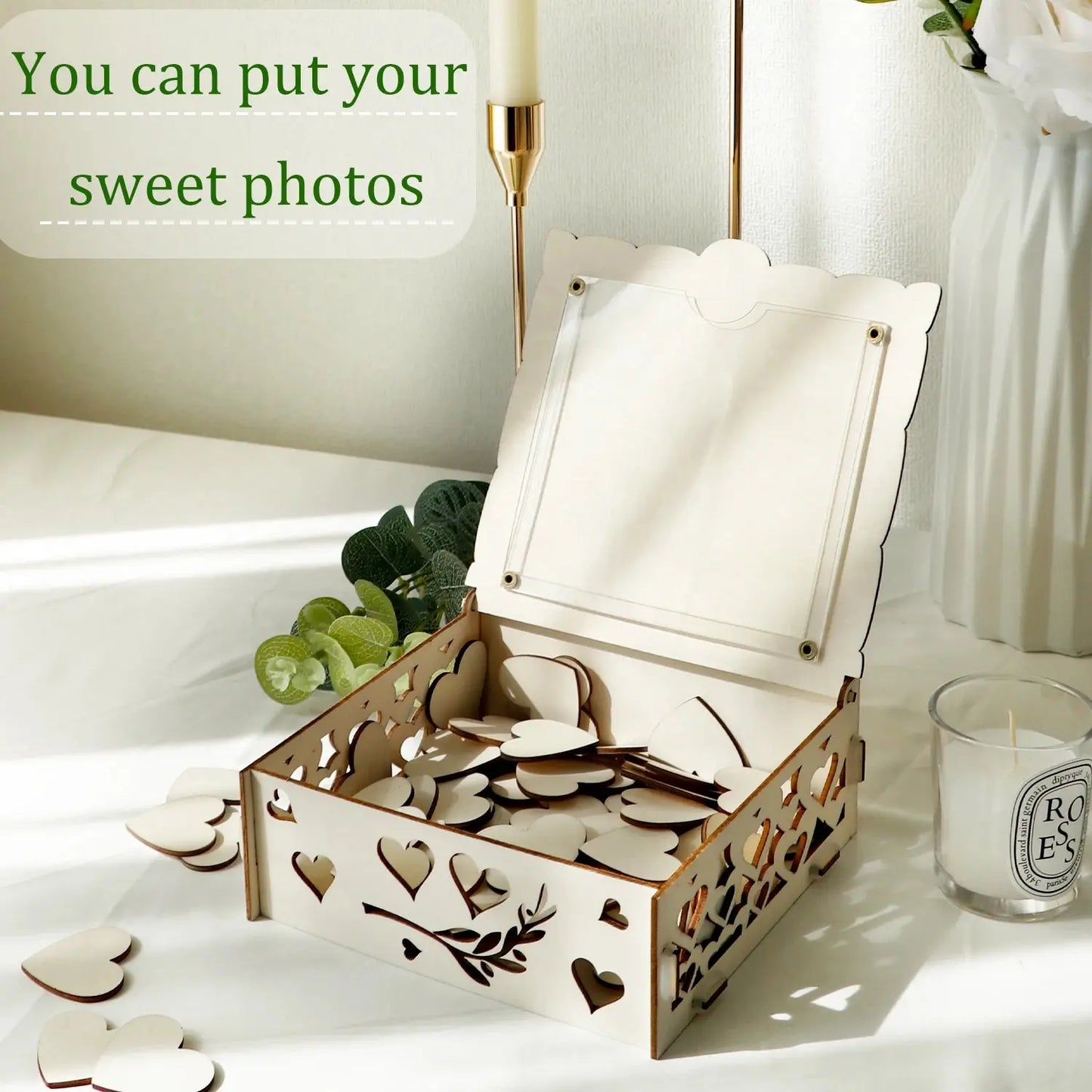 Acrylic Wedding Guest Book Alternative Guest Book Wedding Reception Guest Book Drop Box with Stand 100 Wooden Hearts for Supply Good Vibrations