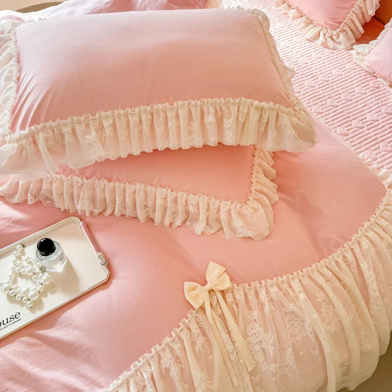 Korean style Princess lace bow bedding set pink sweet girl chiffon ruffles duvet cover bed sheet pillowcase wedding home textile Good Vibrations