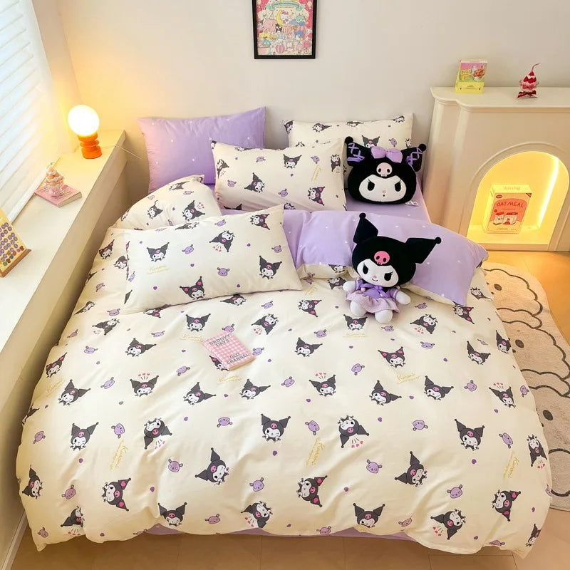 Sanrio 100% Cotton Bedding Set Cute Hello Kitty Kuromi Melody King Queen Pillowcase Bed Linens Girl Dorm Bedclothes Home Textile Good Vibrations