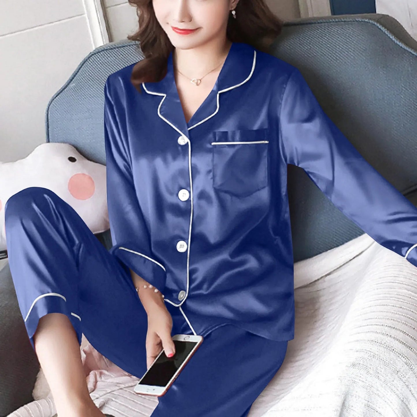 Women Pijama Sets Women Pajamas Sets Sexy Silk Polyester Female Pyjamas Home Clothing Sleepwear Long-sleeve Cardigan Set Good Vibrations