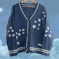 Y2k Sweaters Women Autumn Star Embroidery Midnight Blue Cardigan Fashion Warm Loose Fit Lover Cotton Knitted Cardigans Women Good Vibrations