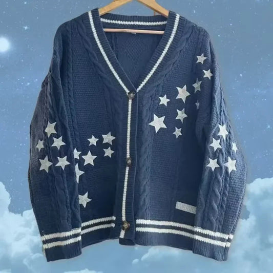 Y2k Sweaters Women Autumn Star Embroidery Midnight Blue Cardigan Fashion Warm Loose Fit Lover Cotton Knitted Cardigans Women Good Vibrations