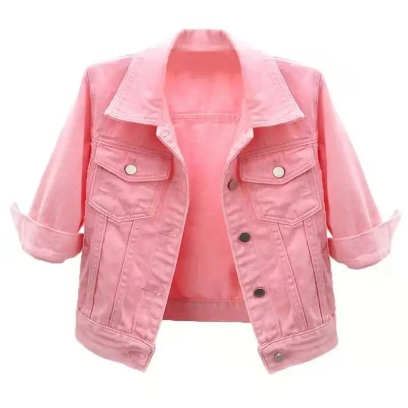 2024 New Women Spring Autumn Denim Jacket Tops Pink Color Solid Short Multicolor Feminino Three Quarter Sleeve Jean Jacket Good Vibrations
