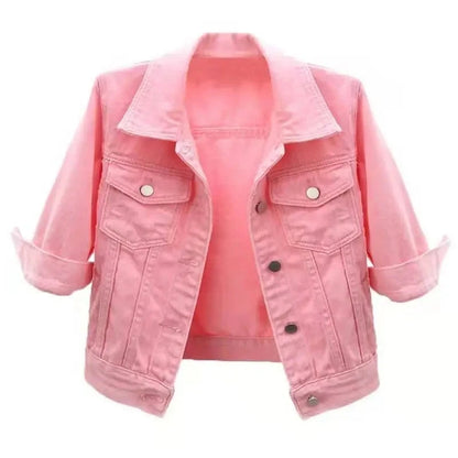 2024 New Women Spring Autumn Denim Jacket Tops Pink Color Solid Short Multicolor Feminino Three Quarter Sleeve Jean Jacket Good Vibrations
