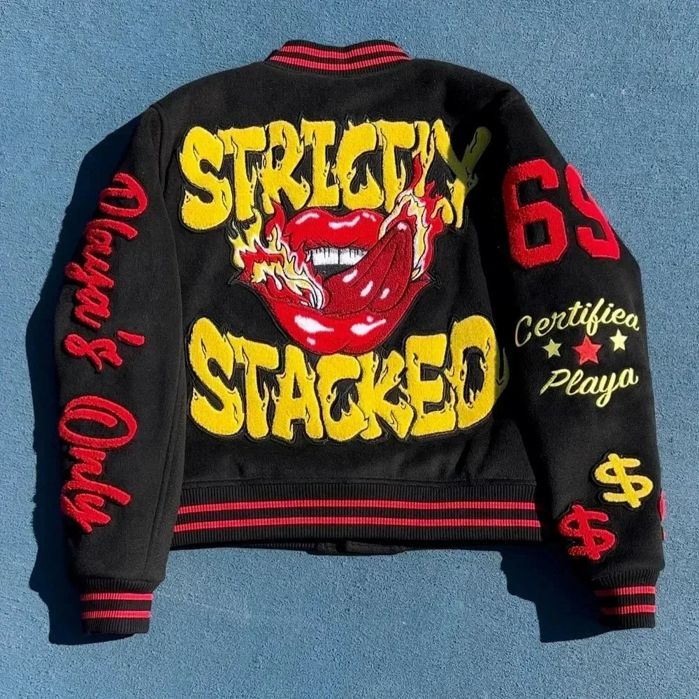 Street Popular Letter Flocking Embroidered Jacket And Coat Men 2023 New Y2K Harajuku Hip Hop Spliced Motorcycle Baseball Uniform Good Vibrations